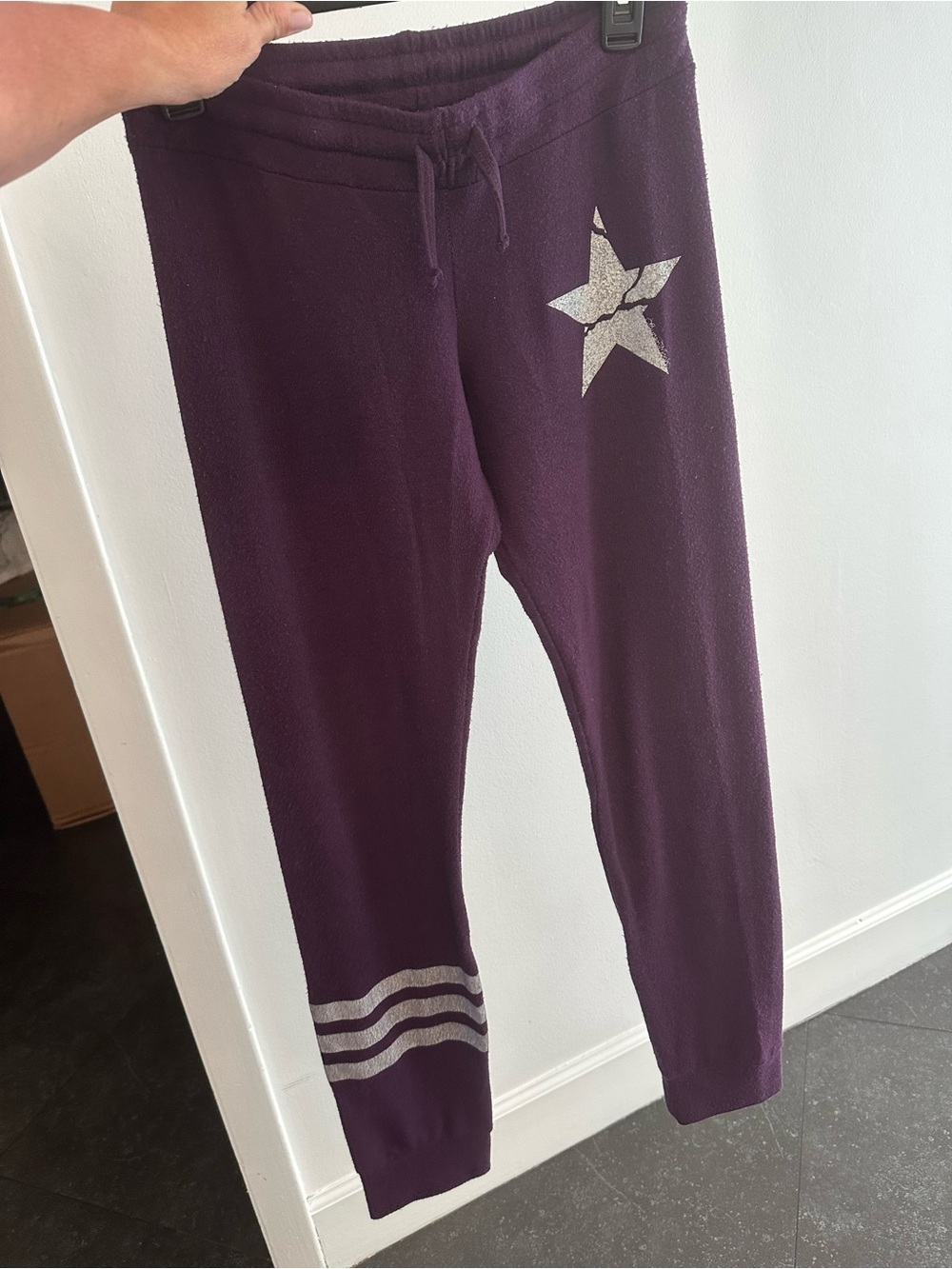 Lauren Moshi Plum Purple Sweatpants Silver Star Stripes XS - Picture 3 of 7